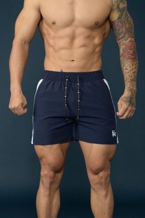 Men's YoungLA Gym 101 Bodybuilding Short Shorts Shorts Navy / White | WM3409-725 USA