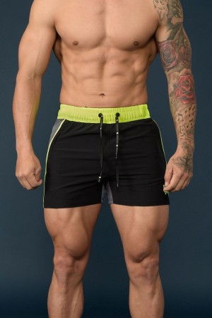 Men's YoungLA Gym 101 Bodybuilding Short Shorts Shorts Black / Neon | MF7024-356 USA