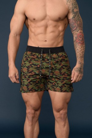 Men's YoungLA Gym 101 Bodybuilding Short Shorts Shorts Camo Green | CY9831-604 USA