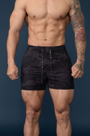 Men's YoungLA Gym 101 Bodybuilding Short Shorts Shorts Camo Black | CA4079-512 USA