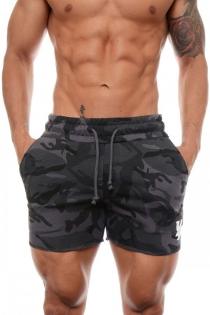 Men's YoungLA Gym 102 Bodybuilding French Terry Shorts Shorts Camo Black | WC8517-469 USA