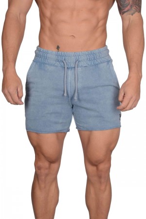 Men's YoungLA Gym 102 Bodybuilding French Terry Shorts Shorts Sky Blue Washed | BT8019-465 USA