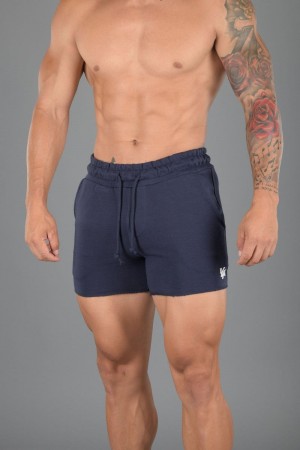 Men's YoungLA Gym 102 Bodybuilding French Terry Shorts Shorts Navy | NR2475-369 USA