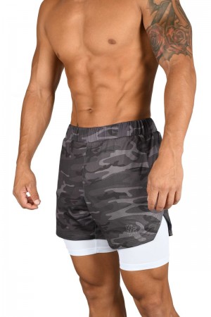 Men's YoungLA Gym 105 Compression Shorts 2.0 Shorts Grey Camo / White | VL8103-569 USA