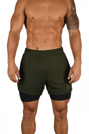 Men's YoungLA Gym 105 Compression Shorts 2.0 Shorts Olive / Black | LE0352-749 USA