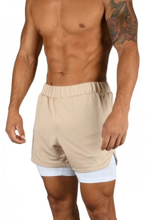 Men's YoungLA Gym 105 Compression Shorts 2.0 Shorts Beige / White | TH4967-120 USA