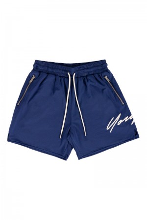 Men's YoungLA Gym 115 Signature Shorts Shorts Navy | ZU4285-967 USA