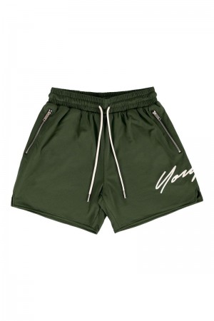 Men's YoungLA Gym 115 Signature Shorts Shorts Olive | KQ4912-873 USA