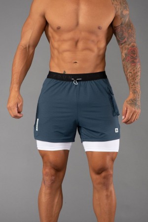 Men's YoungLA Gym 121 Performance Line Compression Shorts Shorts Slate Blue | PL0567-182 USA