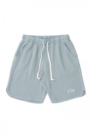 Men's YoungLA Gym 127 Summer Waffle Shorts Shorts Sky Blue | VK4791-602 USA