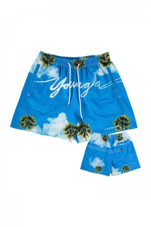 Men's YoungLA Gym 141 The Block Party Shorts Shorts Signature Clouds | CY4028-596 USA