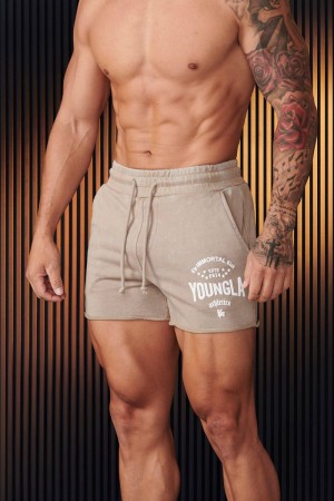 Men's YoungLA Gym 152 Immortal Shorts Shorts Beige Wash | ZH1372-540 USA