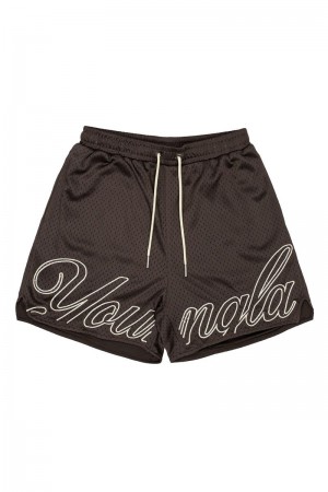 Men's YoungLA Gym 155 Championship Shorts Shorts Brown | JB6402-351 USA