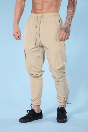 Men's YoungLA Gym 218 Travel Cargo Joggers Joggers Tan | YN4301-759 USA