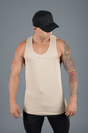 Men's YoungLA Gym 305 Performance Line Tank Tops Tanks Beige | XC9627-184 USA