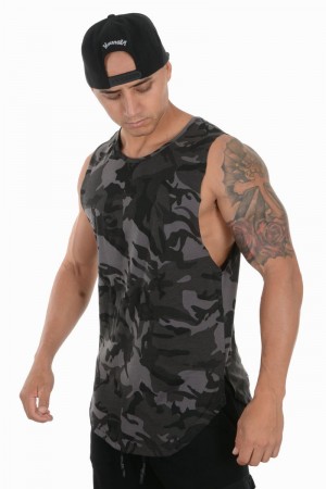 Men's YoungLA Gym 308 Muscle Tanks Tanks Camo Black | XU9125-640 USA