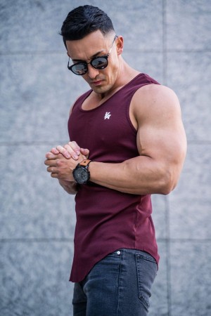 Men's YoungLA Gym 314 Scoop Bottom Ribbed Tank Tanks Burgundy | HE3648-105 USA