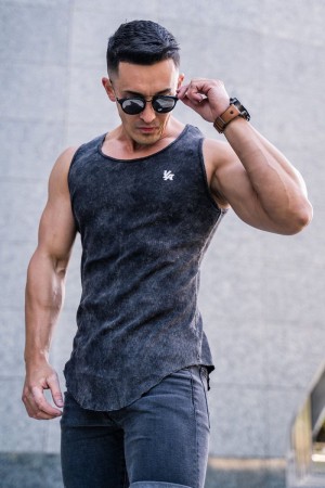 Men's YoungLA Gym 314 Scoop Bottom Ribbed Tank Tanks Black Acid Wash | SH8401-963 USA