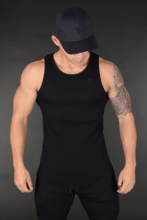 Men's YoungLA Gym 314 Scoop Bottom Ribbed Tank Tanks All Black | KX6208-457 USA