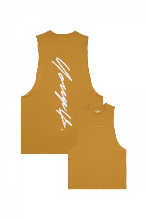 Men's YoungLA Gym 323 Autograph Delt Tanks Tanks Mustard Yellow | SH6039-587 USA