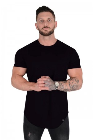 Men's YoungLA Gym 402 Perfect Shirt Scallop Bottom T Shirts Black | QR0841-936 USA