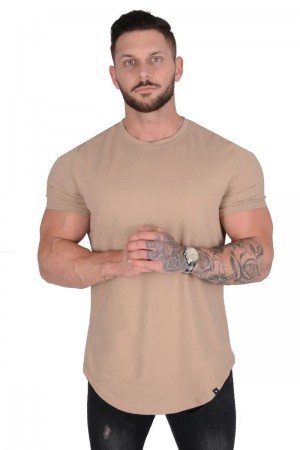 Men's YoungLA Gym 402 Perfect Shirt Scallop Bottom T Shirts Beige | QM9246-531 USA