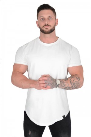 Men's YoungLA Gym 402 Perfect Shirt Scallop Bottom T Shirts White | KO6750-314 USA