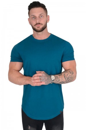 Men's YoungLA Gym 402 Perfect Shirt Scallop Bottom T Shirts Teal | RD8217-659 USA