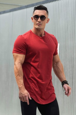 Men's YoungLA Gym 402 Perfect Shirt Scallop Bottom T Shirts Dark Red | BS7436-851 USA