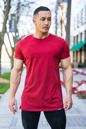 Men's YoungLA Gym 411 Perfect Shirt Straight Bottom T Shirts Dark Red | GC7263-158 USA