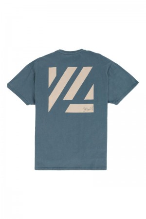 Men's YoungLA Gym 413 Oversized Bloc Shirts Shirts Teal Washed | QH9018-536 USA