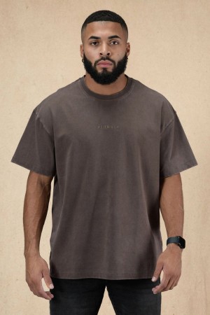 Men's YoungLA Gym 420 Essential Oversized Shirt T Shirts Brown Wash | OU2304-185 USA