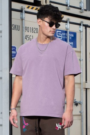 Men's YoungLA Gym 420 Essential Oversized Shirt T Shirts Lavender Wash | VJ5207-641 USA