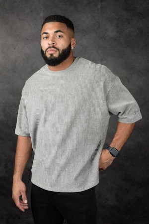 Men's YoungLA Gym 421 Corduroy Supersized Shirt T Shirts Grey | AC4931-807 USA