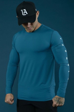 Men's YoungLA Gym 424 Zephyr Compression Long Sleeves Shirts Teal | GM2536-079 USA