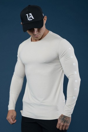 Men's YoungLA Gym 424 Zephyr Compression Long Sleeves Shirts Beige | PW9382-574 USA