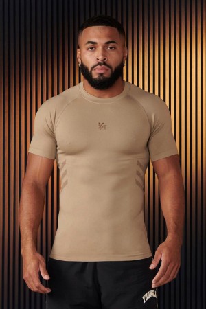 Men's YoungLA Gym 425 Iron Compression Shirt T Shirts Bleached Sand | TL5603-849 USA