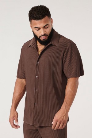 Men's YoungLA Gym 448 Pleated Festival Shirts Shirts Chocolate | IW4169-082 USA