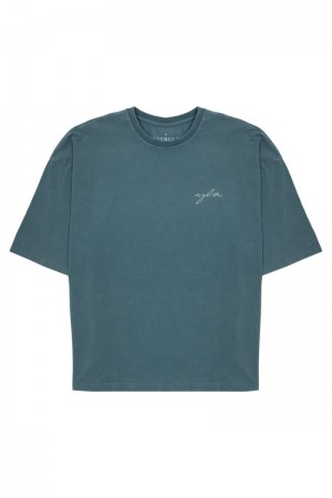 Men's YoungLA Gym 464 Skyline Super Sized Shirt T Shirts Teal Wash | ZM2349-860 USA