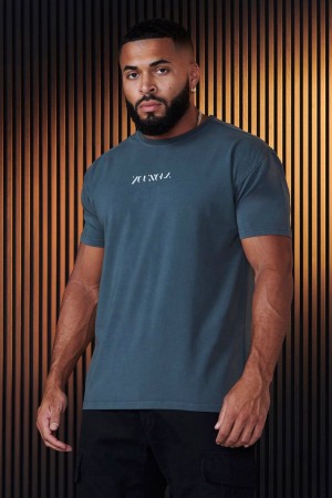 Men's YoungLA Gym 470 Abstract Shirt T Shirts Teal Wash | QP5769-204 USA