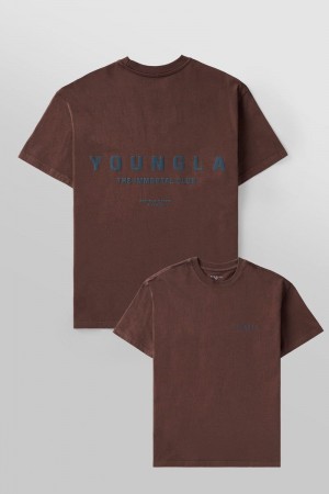 Men's YoungLA Gym 473 Immortal Club Shirt T Shirts Brown Wash | BR2904-376 USA