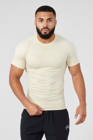 Men's YoungLA Gym 475 SuperVillain Compression Shirt T Shirts Beige | MI8324-051 USA