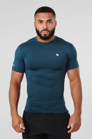 Men's YoungLA Gym 476 Stealth Compression Shirt T Shirts Teal | PF2903-647 USA