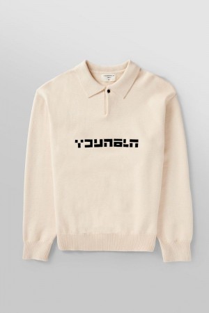 Men's YoungLA Gym 508 Knitted Polo Longsleeves Sweatshirts Beige | RT9270-514 USA