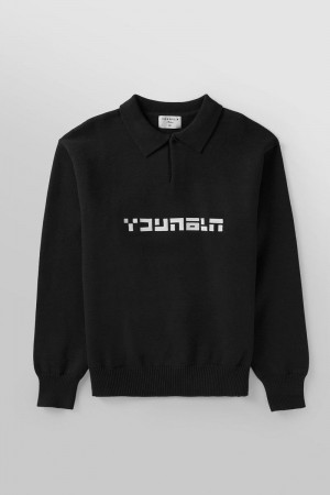 Men's YoungLA Gym 508 Knitted Polo Longsleeves Sweatshirts Black | IW2107-936 USA