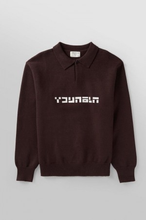 Men's YoungLA Gym 508 Knitted Polo Longsleeves Sweatshirts Brown | YC3490-725 USA