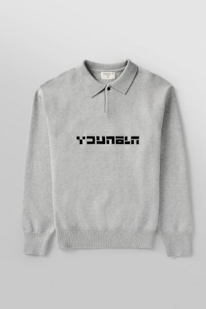 Men's YoungLA Gym 508 Knitted Polo Longsleeves Sweatshirts Heather Grey | CT6417-802 USA