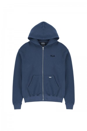 Men's YoungLA Gym 515 Monarch Zip-up Hoodie Hoodies Navy Wash | UQ3498-760 USA