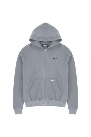 Men's YoungLA Gym 515 Monarch Zip-up Hoodie Hoodies Grey Wash | RO7253-160 USA