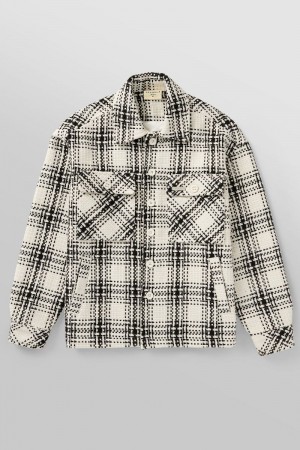 Men's YoungLA Gym 519 Woven Flannel Jackets Jackets Off-White / Black | OR9740-258 USA